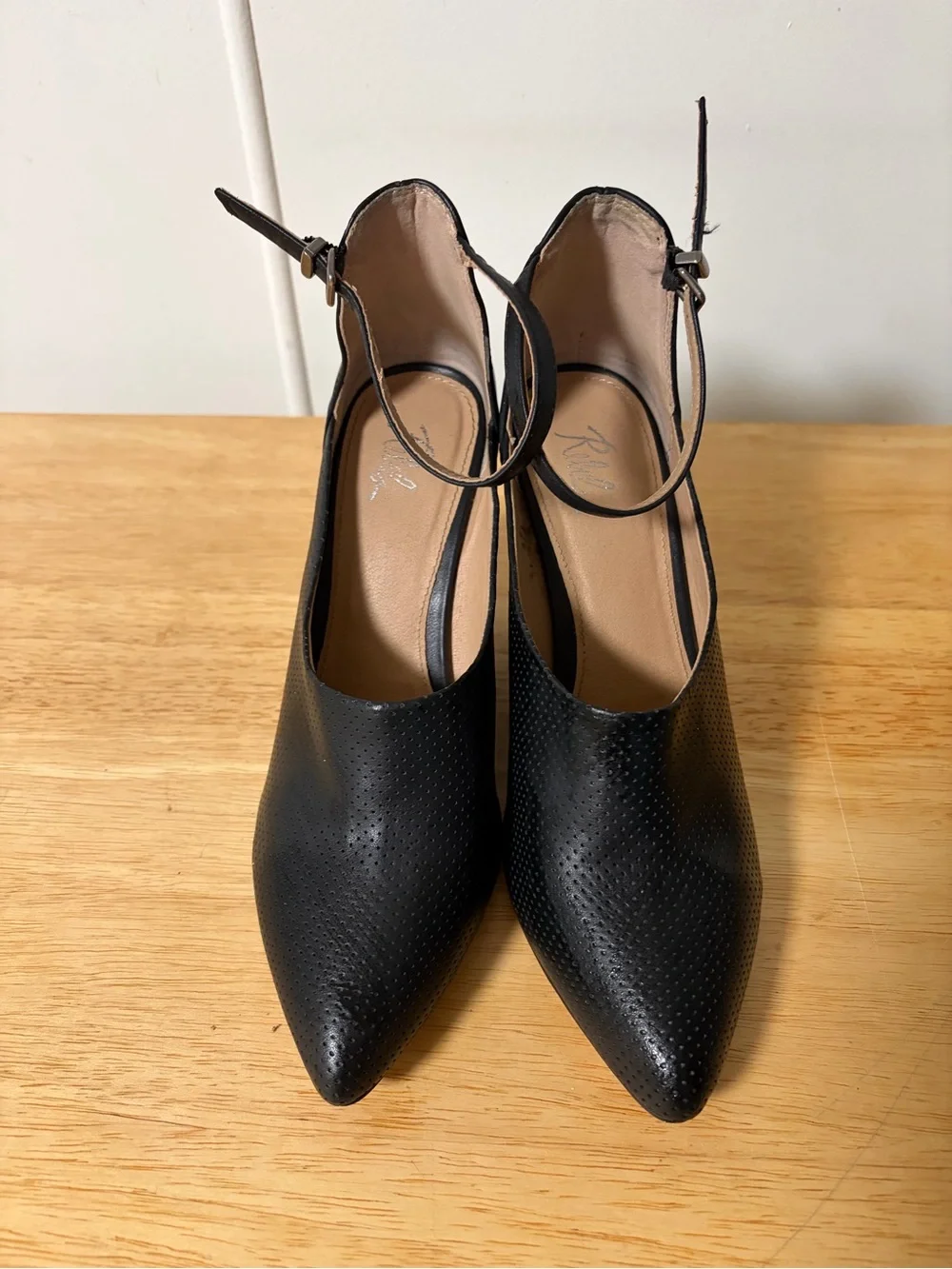 Black Perforated Pointed-Toe Ankle Strap Heels